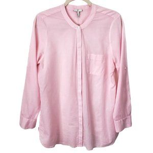 Joie 100% Cotton Button Down Roll Tab Pink Semi Sheer Pinstripe Tunic Blouse